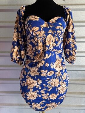 SHEIN Blue Floral Sweetheart Mini Dress with Puff Sleeves